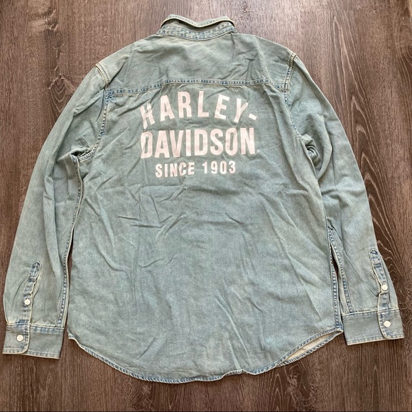 L Harley Davidson Garage Lightweight Denim Long Sleeve Button Up Shirt - Picture 2 of 12